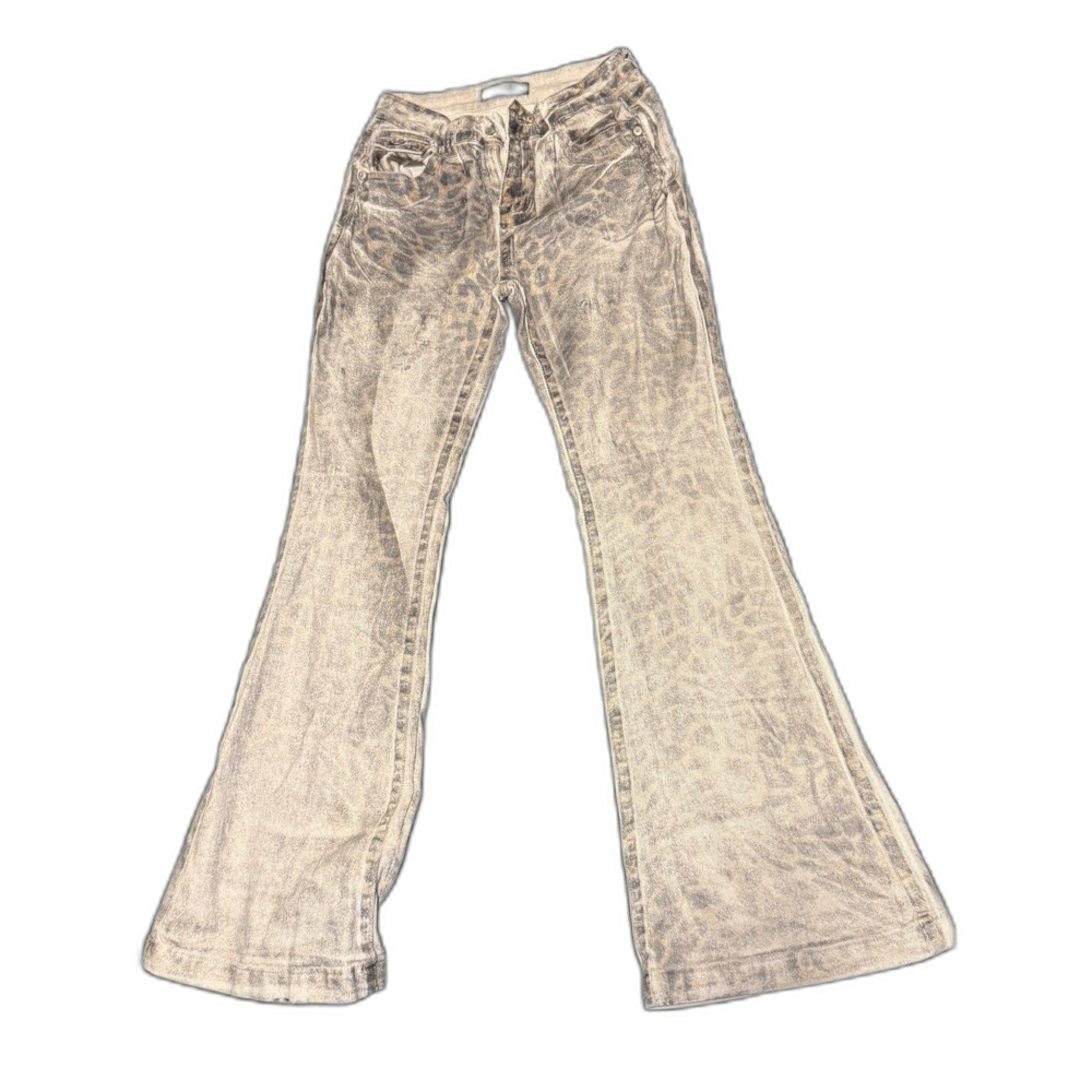 AKIRA Leopard Print Acid Wash Flare Jeans — High Rise, Statement Denim